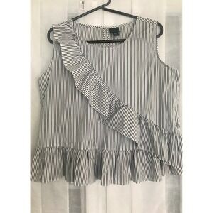 Worthington Petite PXL Navy Blue White Striped Ruffle Peplum Sleeveless Blouse